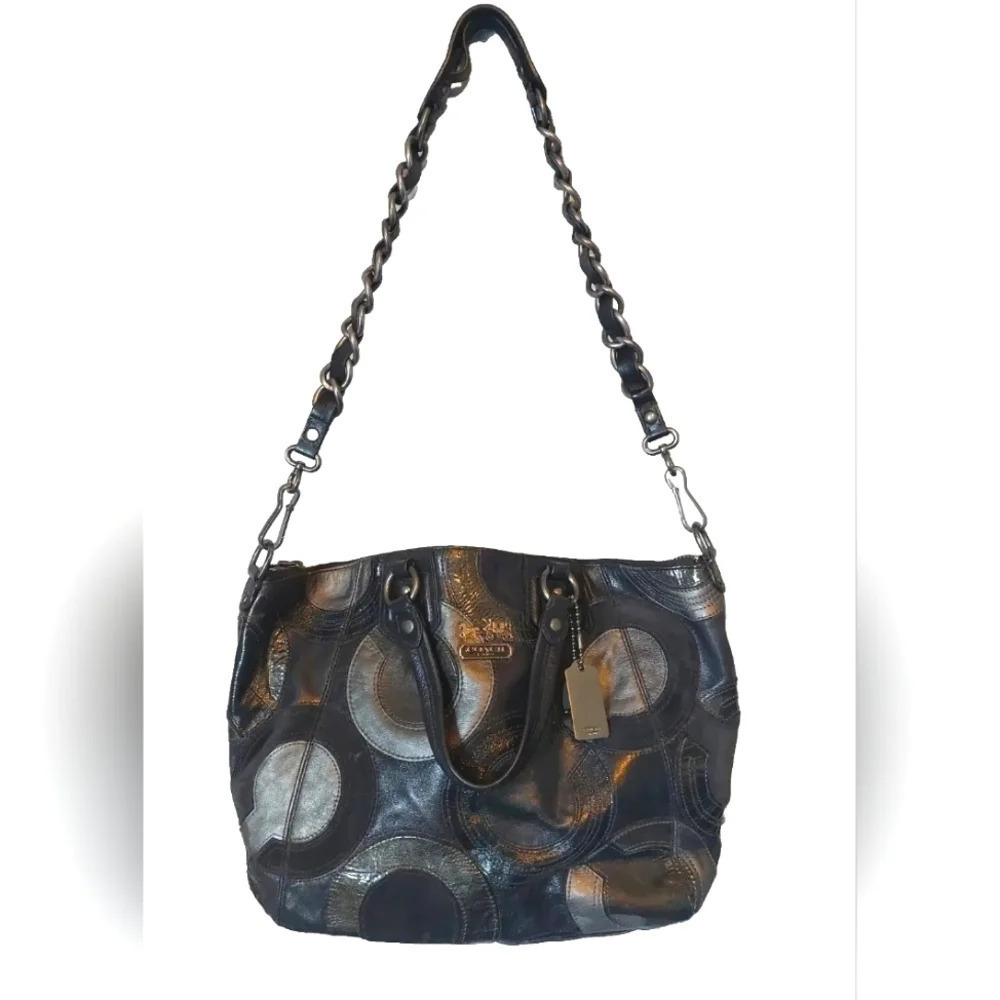 Coach Madison Claire Art Sig Inlaid Leather Black Metallic Shoulder Purs…